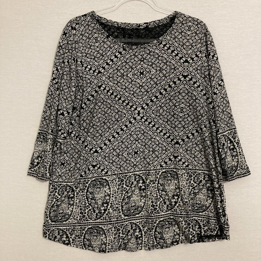 Lucky Brand Black‎ White Floral Paisley Boho Geometric Stretch Knit Top 1X